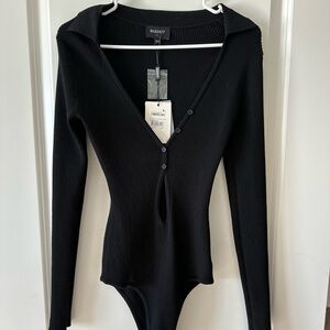Bardot Long Sleeve Front Cutout Knitted Black Bodysuit | M